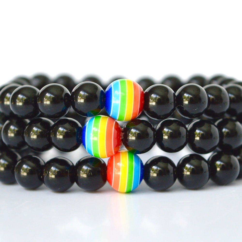 Unisex Gay Pride Onyx Gemstone Beaded Bracelets